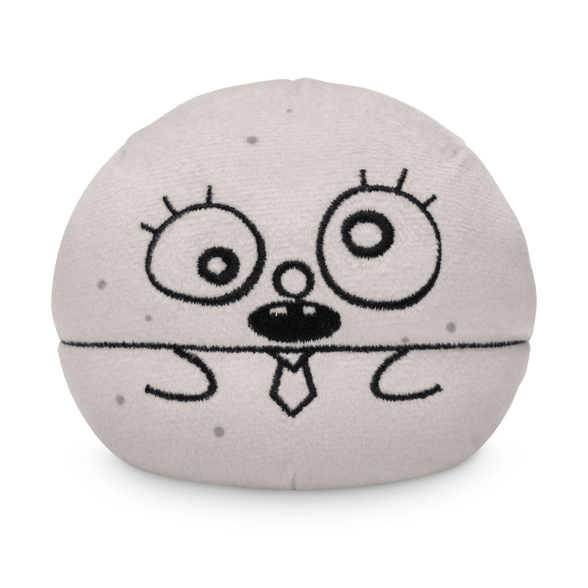 A round, grey plush toy with embroidered wide eyes, eyelashes, a nose, and a small straight-line smile, featuring small black dots. This Plushiverse DoodleBob Plushie Tote Bag is made from recycled plastic bottles by Nickelodeon.