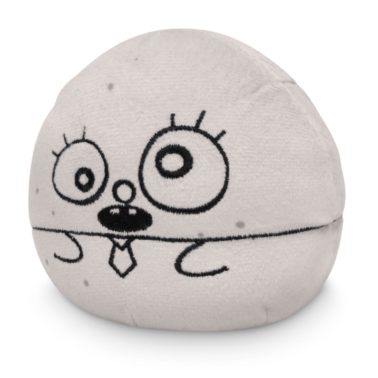 A Plushiverse DoodleBob Plushie Tote Bag of a surprised-looking spherical character with large eyes, sporting a minimalistic necktie, set against a plain background. This adorable plush toy is part of Nickelodeon’s eco-friendly line made from recycled plastic bottles.