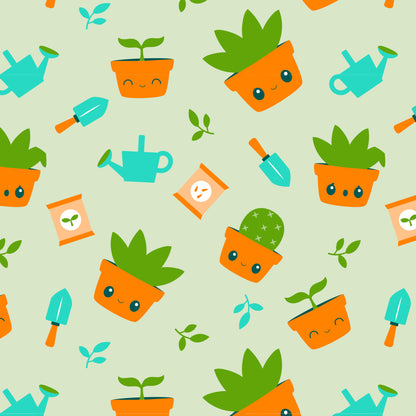 A pattern of potted plants and pots on a green background, featuring TeeTurtle plushies as adorable Plushiverse Succulent Garden Plushie Tote Bag friends.