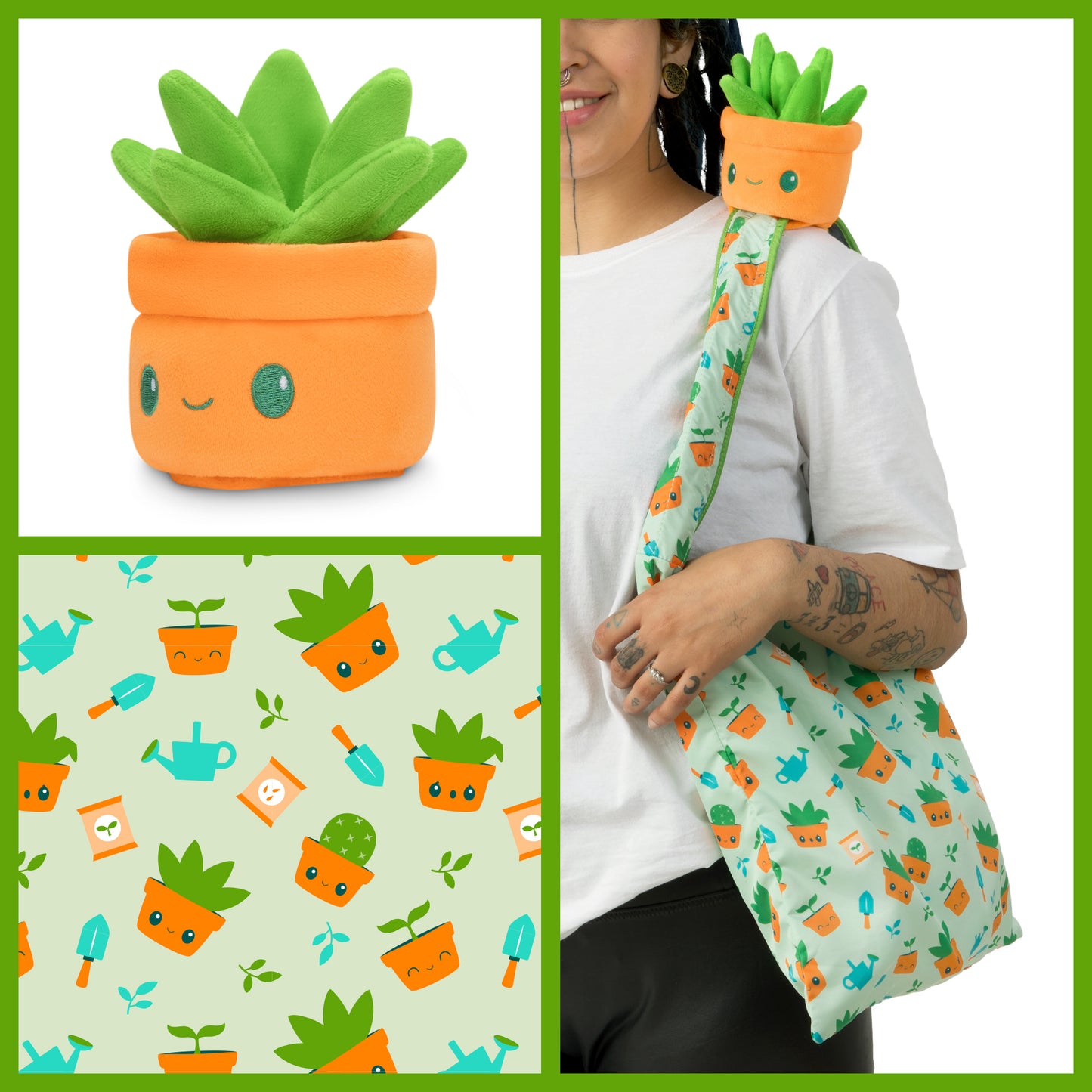 A woman is holding a TeeTurtle Plushiverse Succulent Garden Plushie Tote Bag with a potted plant and TeeTurtle plushies in it.