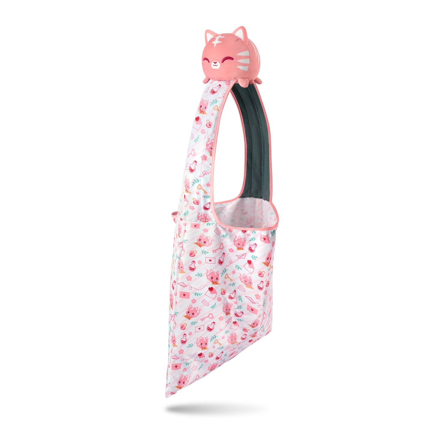 A pink and white TeeTurtle Plushiverse Love Letter Tiger Plushie Tote Bag featuring a cute plushie friend cat design.