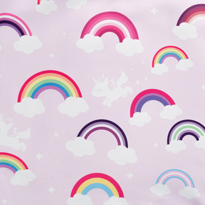 Rainbows, clouds, and unicorns on a pink background featured on a Plushiverse Rainbow Pride Unicorn Plushie Tote Bag by TeeTurtle.