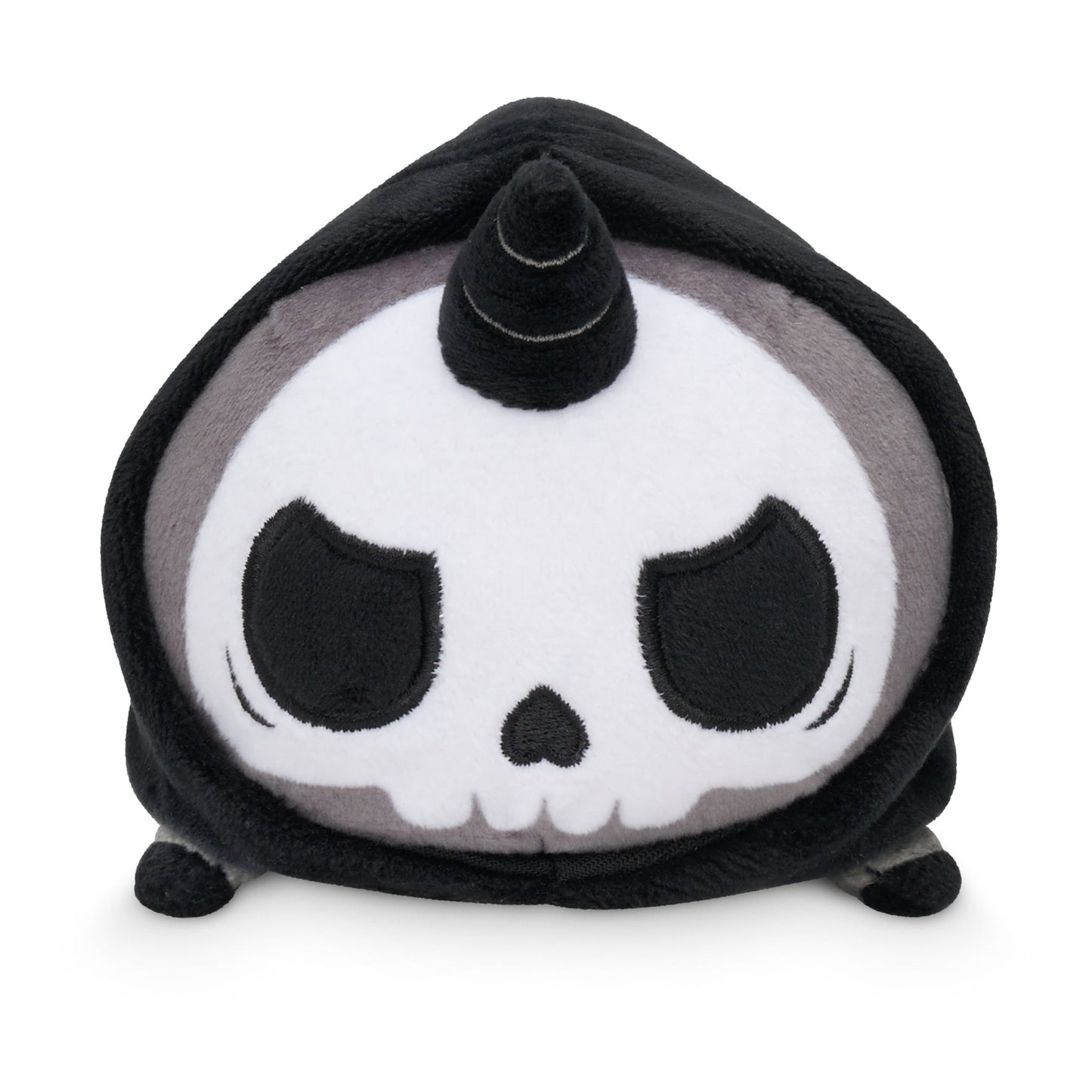 Plushiverse Unicorns of the Apocalypse Plushie Tote Bag shaped like a TeeTurtle cartoon skull with large eyes, a small horn on top, and a grey and black color scheme.