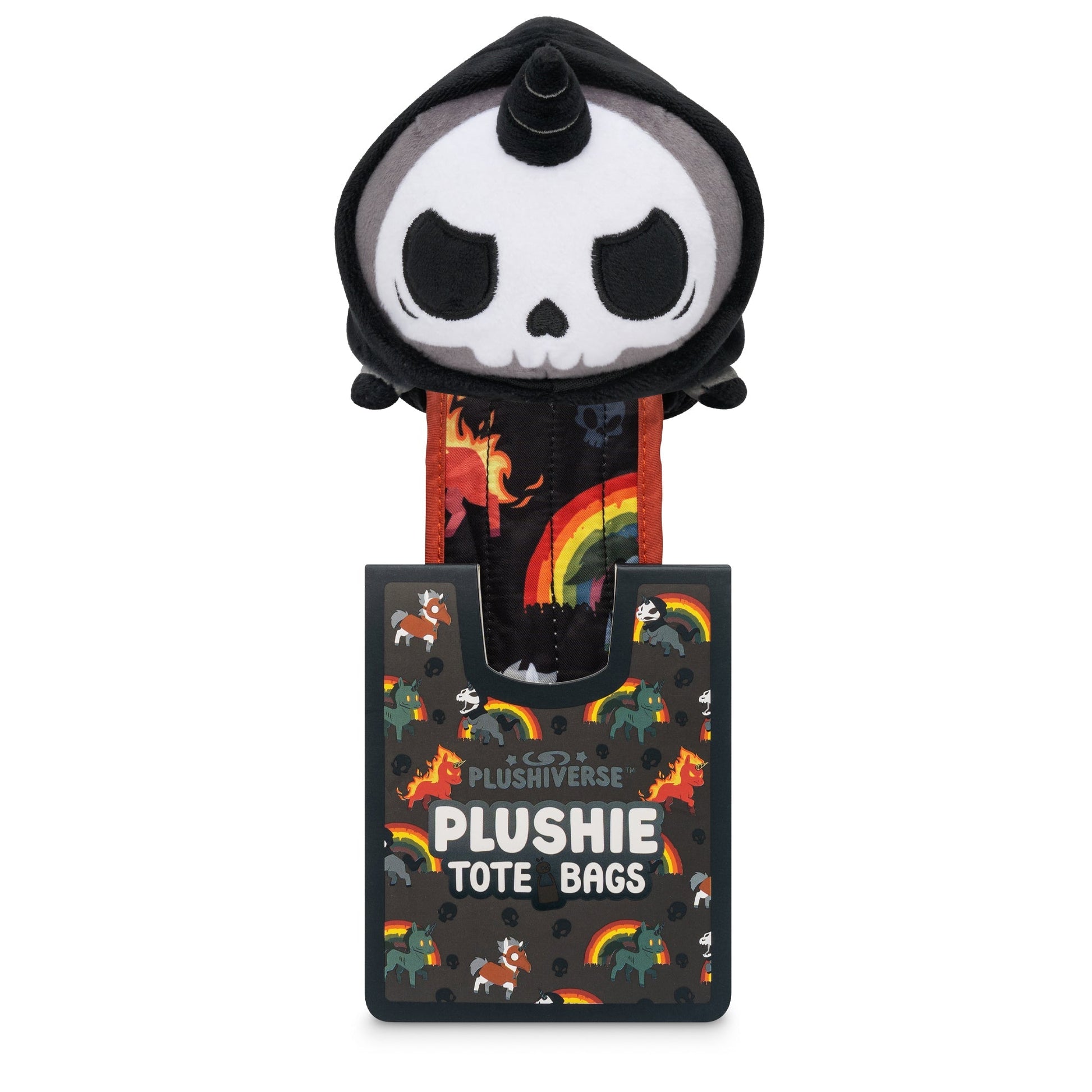 Plushiverse Unicorns of the Apocalypse Plushie Tote Bag with a top hat perched atop a recycled plastic bottles tag labeled "plushie tote bags" adorned with Halloween-themed decorations. Brand: TeeTurtle