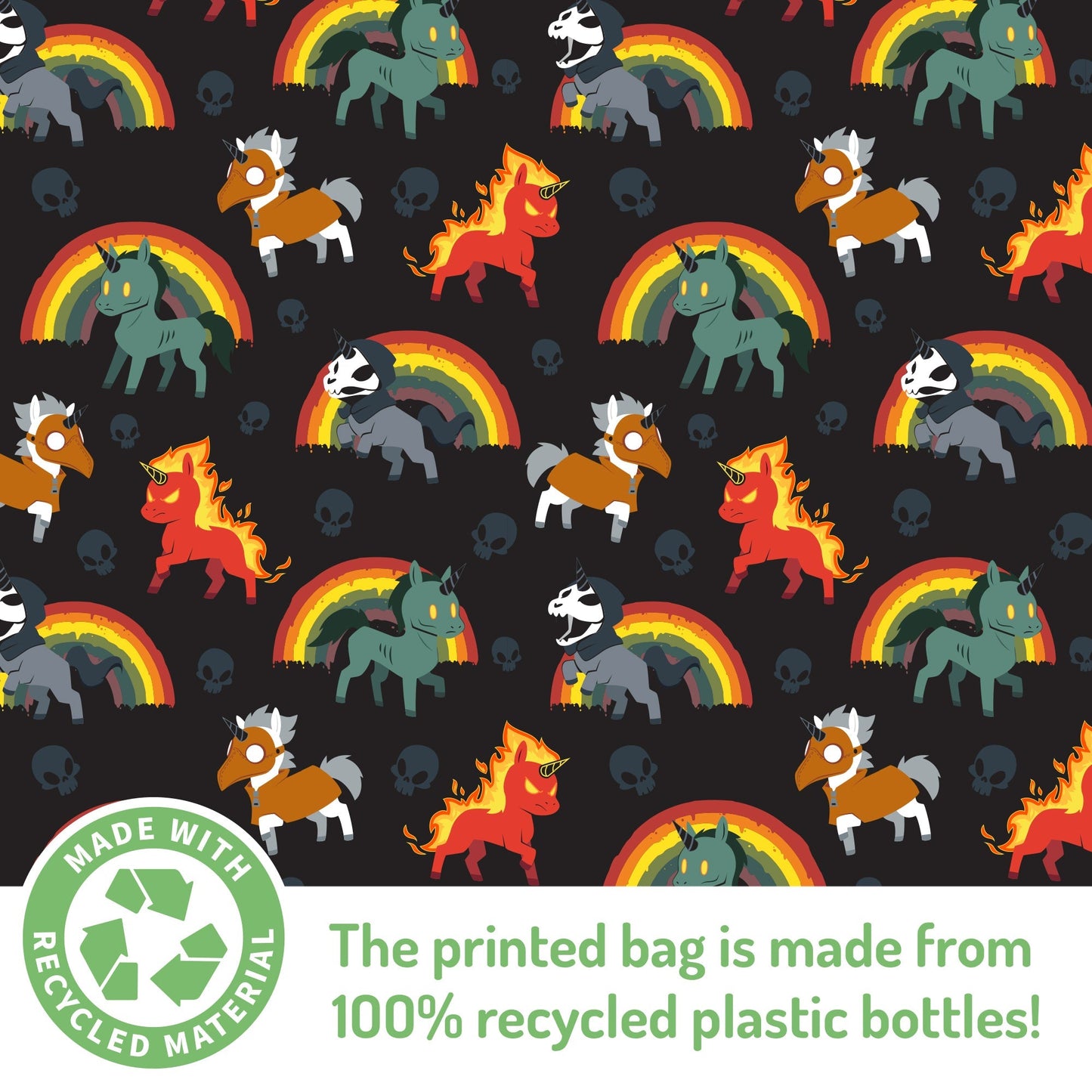 Patterned fabric featuring unicorns, rainbows, and horses, with a label stating it is made into a TeeTurtle Plushiverse Unicorns of the Apocalypse Plushie Tote Bag from 100% recycled plastic bottles.