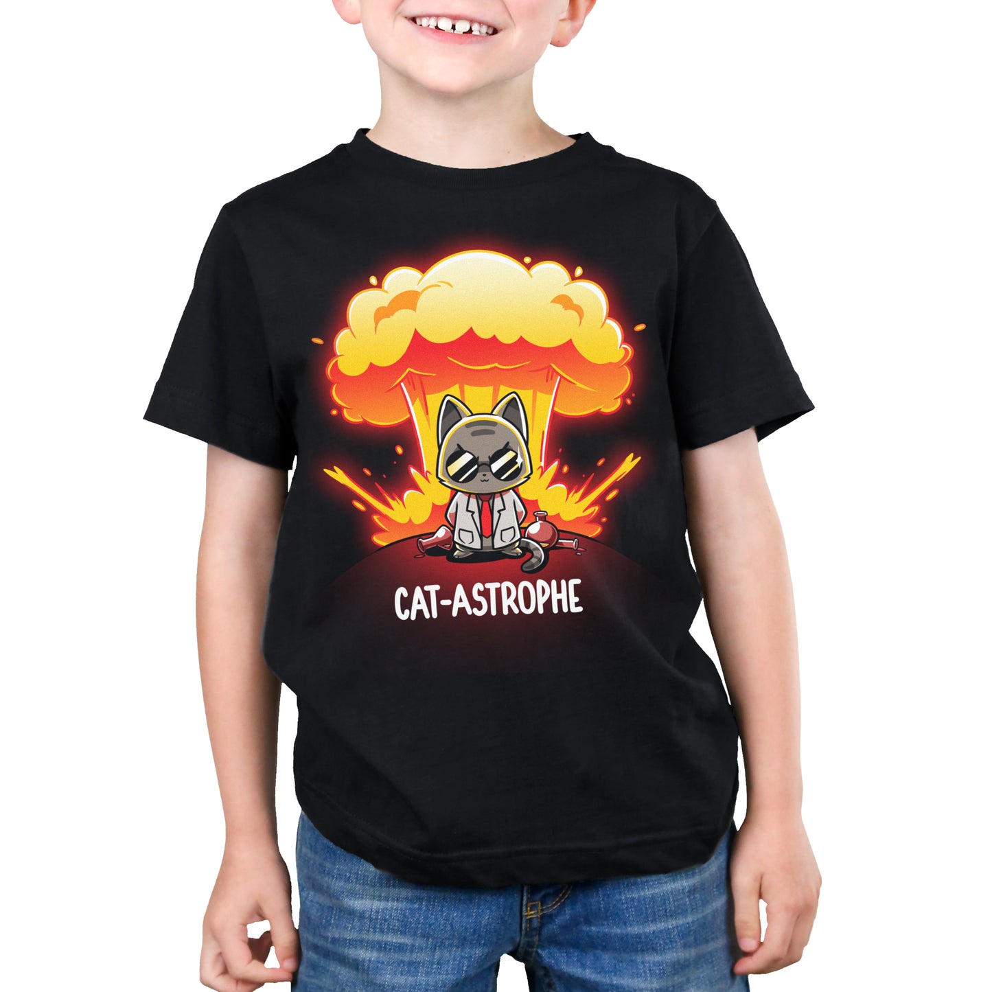 Premium Cotton T-shirt_Teeturtle Cat-Astrophe black t-shirt featuring a sunglasses-wearing cat in a lab coat surrounded by broken vials and lab beakers with a mushroom cloud explosion behind and the word "Cat-Astrophe" written underneath.