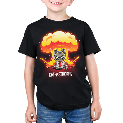 Premium Cotton T-shirt_Teeturtle Cat-Astrophe black t-shirt featuring a sunglasses-wearing cat in a lab coat surrounded by broken vials and lab beakers with a mushroom cloud explosion behind and the word "Cat-Astrophe" written underneath.