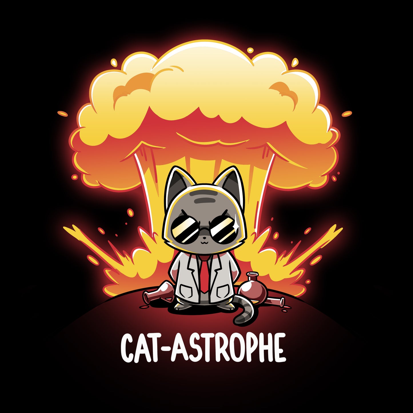 Premium Cotton T-shirt_Teeturtle Cat-Astrophe black t-shirt featuring a sunglasses-wearing cat in a lab coat surrounded by broken vials and lab beakers with a mushroom cloud explosion behind and the word "Cat-Astrophe" written underneath.