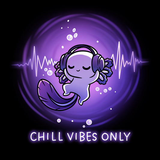 Premium Cotton T-shirt_TeeTurtle black Chill Vibes Only apparel featuring a floating axolotl wearing a headset.