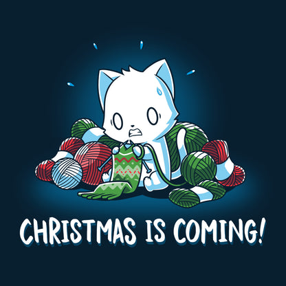 Get into the holiday spirit with this festive navy blue Christmas is Coming! t-shirt by TeeTurtle.