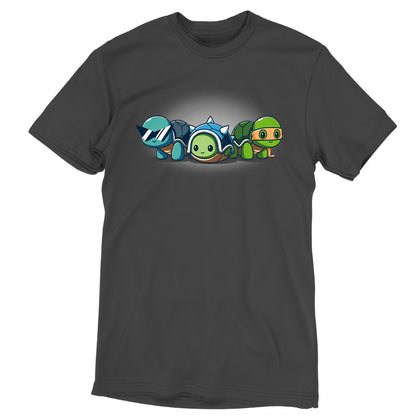 A Cosplay Turtles gray T-shirt featuring a cartoon character from TeeTurtle.