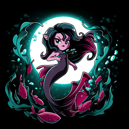 Premium Cotton T-shirt_TeeTurtle Shadow Siren black t-shirt featuring a dark and dangerous mermaid in front of a full moon with fish and seaweed around her.