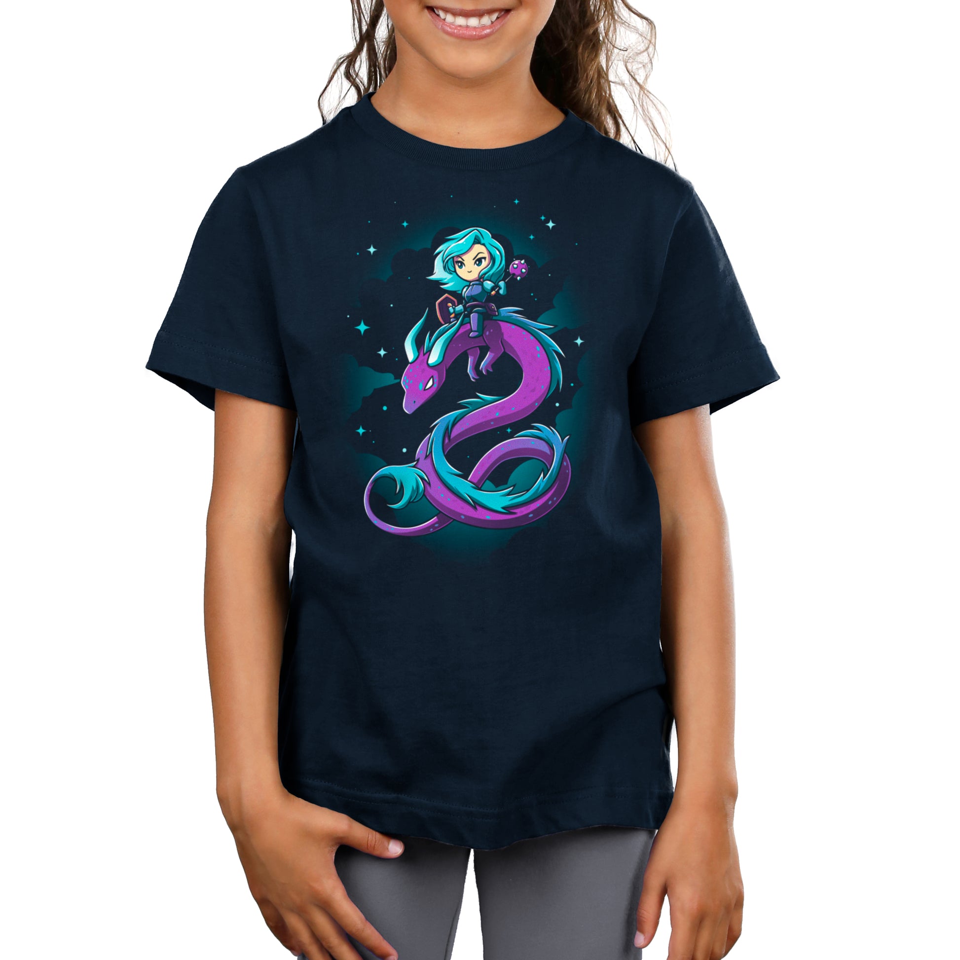 A girl wearing a Dragon Warrior T-shirt by TeeTurtle with an image of a snake (dragon) on it.