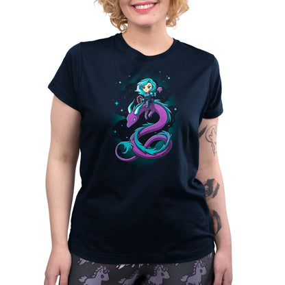 A women's navy blue t-shirt with a purple squid on it, the Dragon Warrior by TeeTurtle.