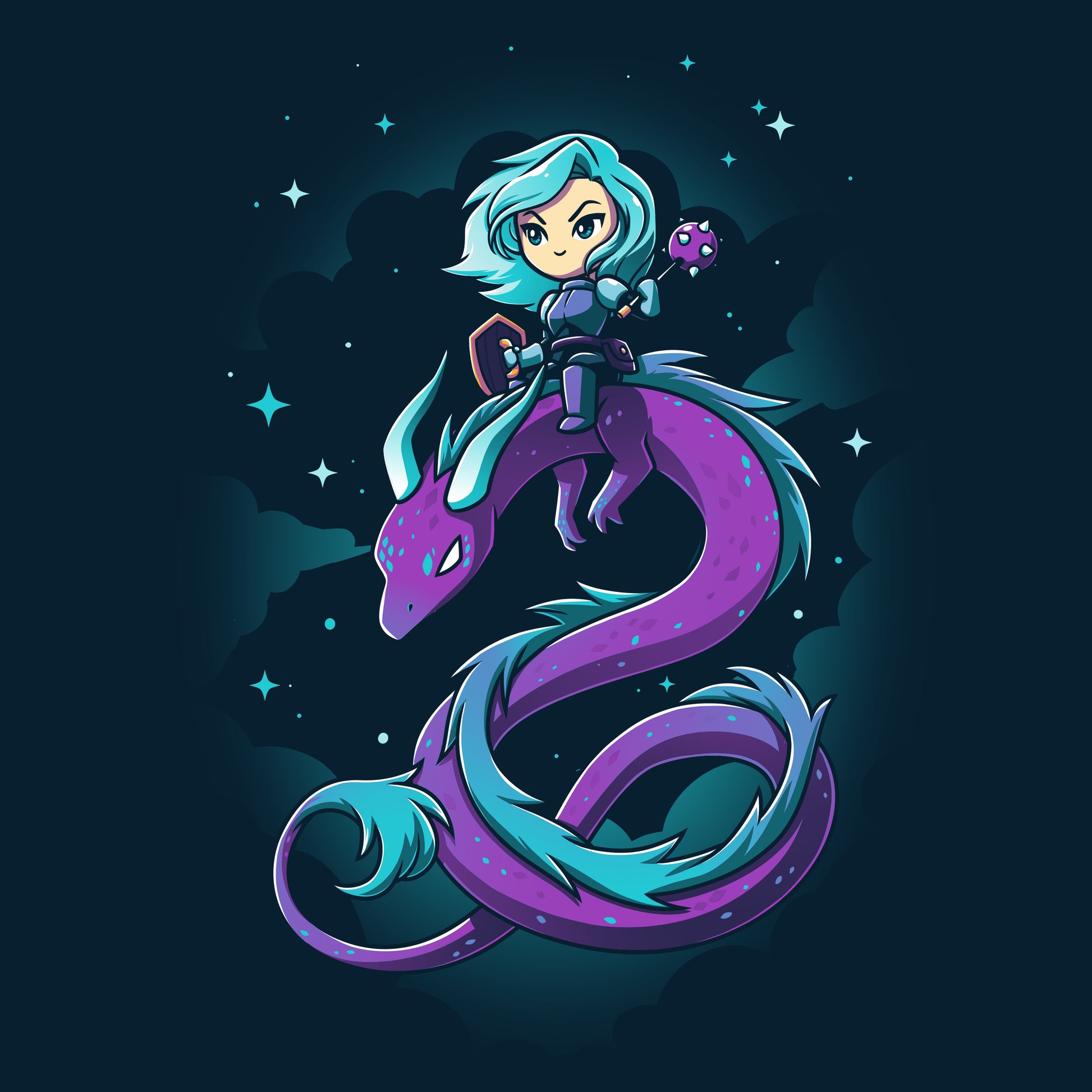 A girl riding a purple dragon in the night sky with a TeeTurtle Dragon Warrior shirt.