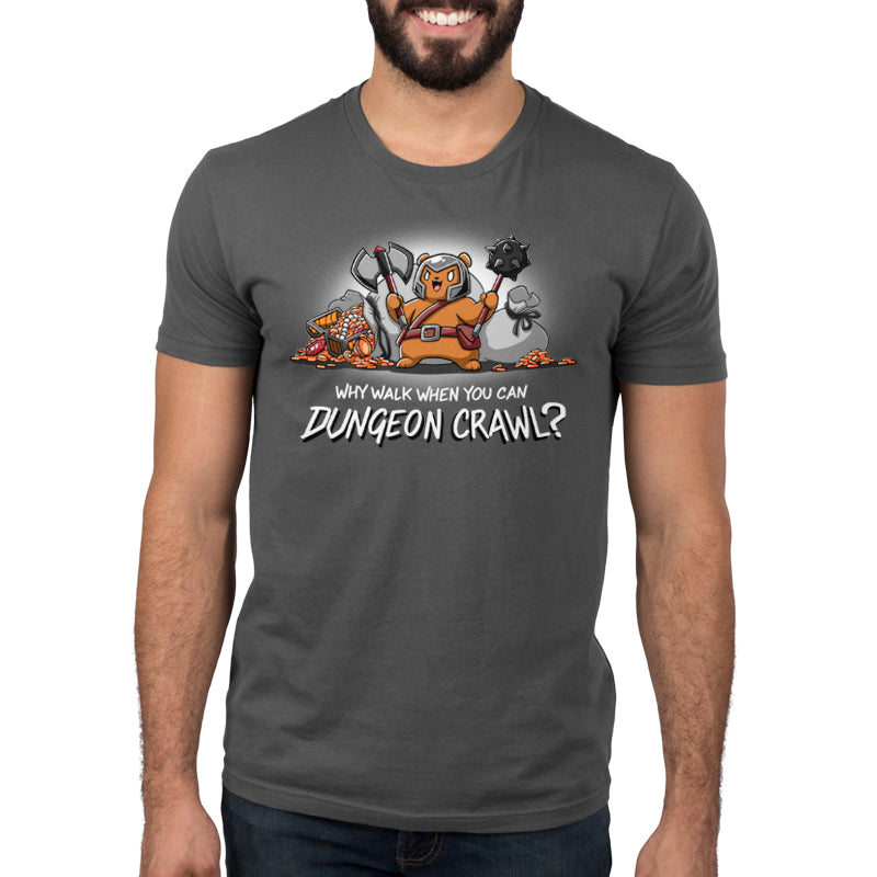 A man sporting a TeeTurtle Dungeon Crawl charcoal gray t-shirt.