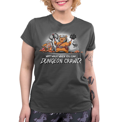 A woman wearing a TeeTurtle Dungeon Crawl t-shirt.