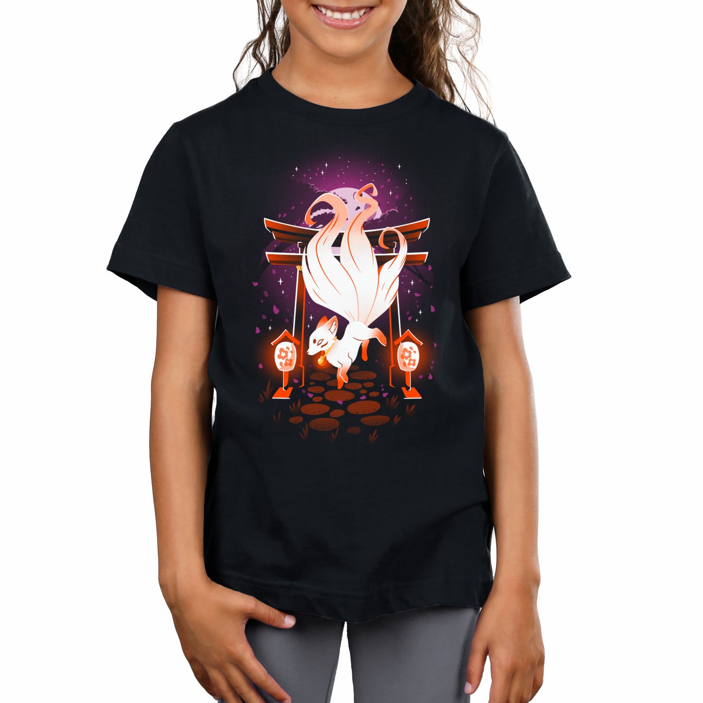 A girl wearing a black t-shirt with an image of a rooster inspired by the Enchanting Kitsune by TeeTurtle.