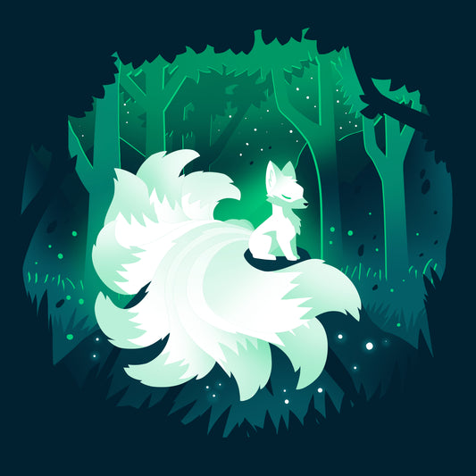 An illustration of a white fox in the Forest Kitsune featured on a Navy Blue T-shirt by TeeTurtle.