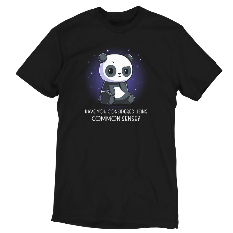 This "Have You Considered Using Common Sense?" black t-shirt with a panda bear and a space combines comfort and TeeTurtle.