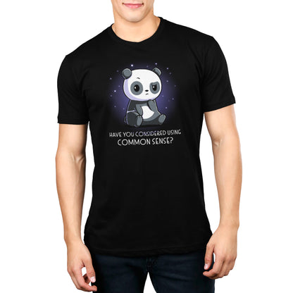 A TeeTurtle "Have You Considered Using Common Sense?" panda bear wearing a black t-shirt.