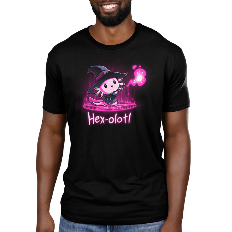 A man donning a black Hex-olotl t-shirt from TeeTurtle that offers comfort and fit, adorned with a pink witch design.