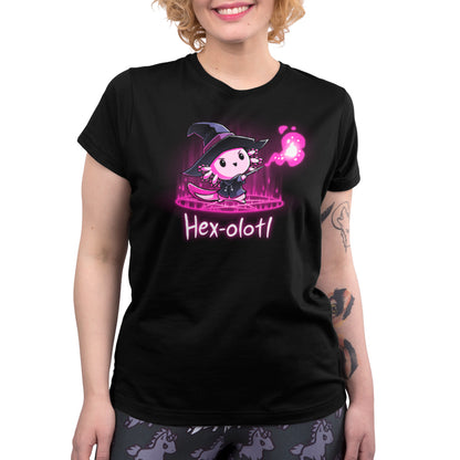 A black T-shirt with the word TeeTurtle Hex-olotl made of super soft ringspun cotton.