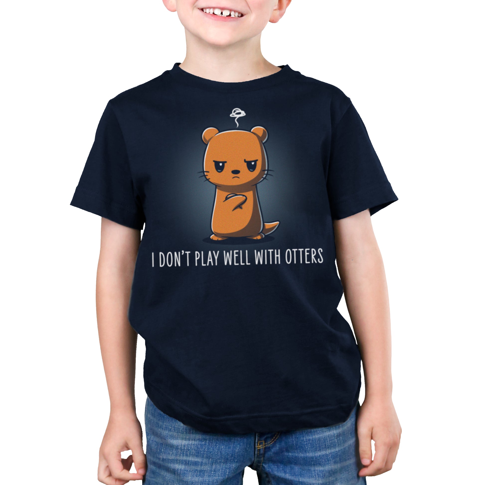 Premium Cotton T-shirt_TeeTurtle I Don't Play Well With Otters V1 navy blue t-shirt featuring a cartoon otter who stands with an angry expression and crossed arms with the caption "I don't play well with otters".