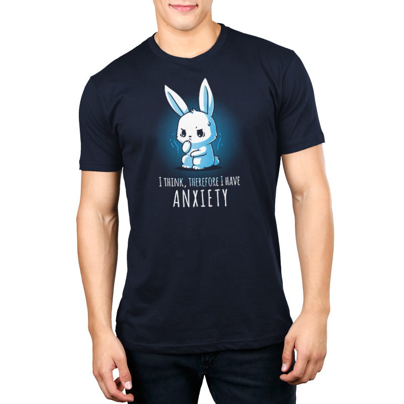 A man wearing an I Think, Therefore I Have Anxiety-themed t-shirt from TeeTurtle.