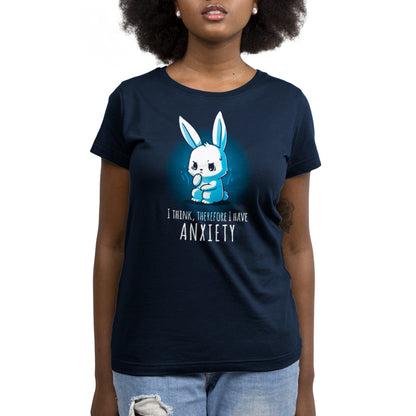 A woman wearing the TeeTurtle I Think, Therefore I Have Anxiety-themed T-shirt.