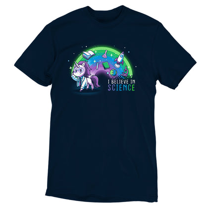 An I Believe In Science t-shirt from TeeTurtle featuring a unicorn in space combines scientific process with unicorns.