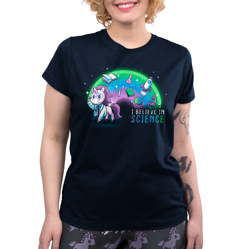 TeeTurtle's "I Believe In Science" women's t-shirt featuring a nerdy unicorn.