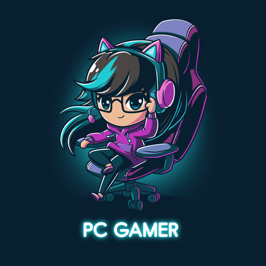 Premium Cotton T-shirt_TeeTurtle PC Gamer navy blue t-shirt featuring a person with teal highlights and glasses wearing cat ear headphones sitting in a gaming chair.