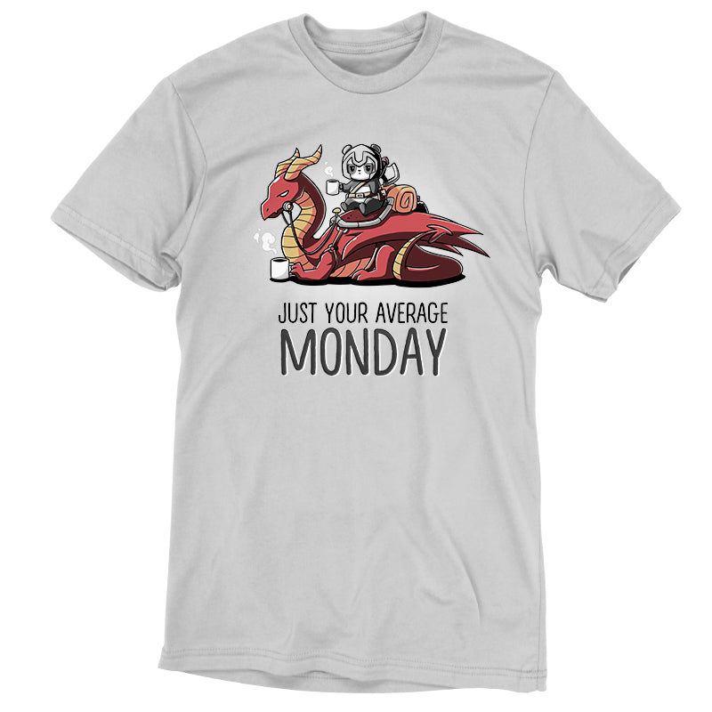 Premium Cotton T-shirt_Teeturtle Just Your Average Monday silver gray t-shirt featuring an adventurous panda with a cup of coffee riding on a dragon that is also holding a cup of coffee, the image set over the words "Just Your Average Monday."