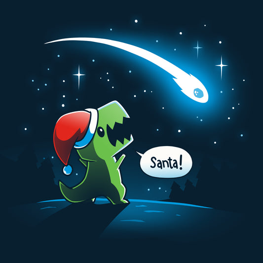 A TeeTurtle T-Rex wearing a Santa hat while gazing at a starry sky.
