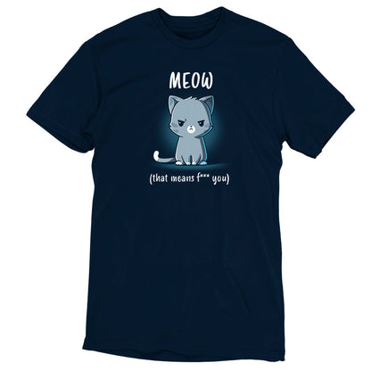 A navy blue Meow (That Means F*** You) t-shirt with a cat on it that says oom, from the brand TeeTurtle.