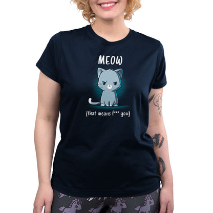 A woman wearing a TeeTurtle Meow (That Means F*** You) T-shirt.