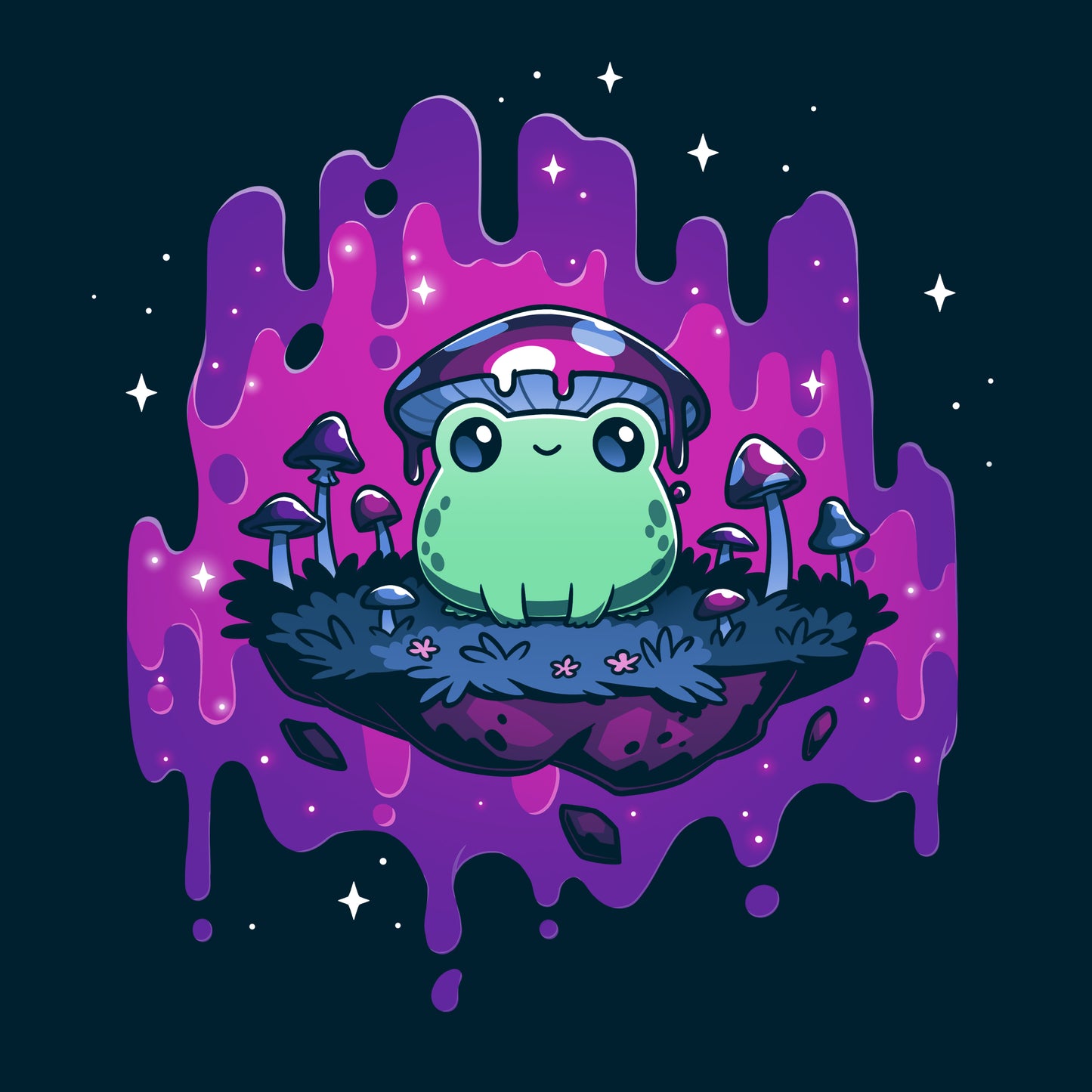 Premium Cotton T-shirt_TeeTurtle navy blue Trippy Toadstool apparel featuring a frog wearing a mushroom hat perched on a floating rock with a purple psychedelic dripping background surrounded by sparkles.