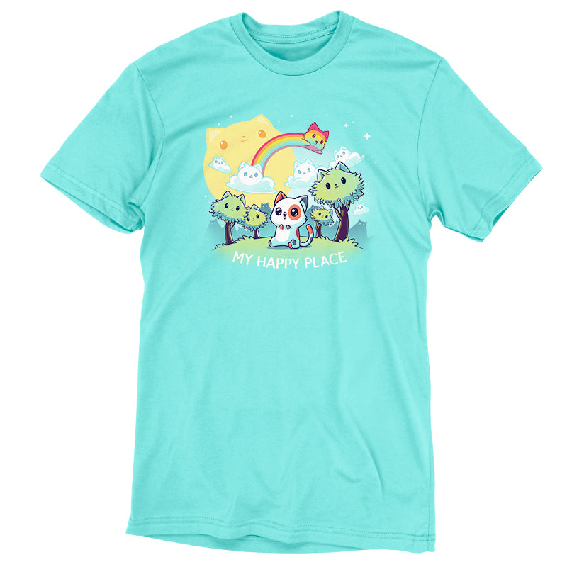A TeeTurtle original My Happy Place (Cats) turquoise t-shirt featuring an image of a T-rex and a rainbow.