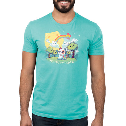 A man wearing a TeeTurtle "My Happy Place (Cats)" t-shirt with a cat and a Caribbean Blue rainbow.