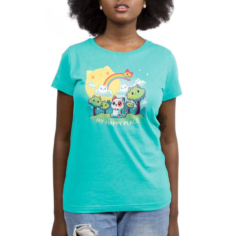 A TeeTurtle My Happy Place (Cats) women's cat t-shirt in turquoise featuring a rainbow.