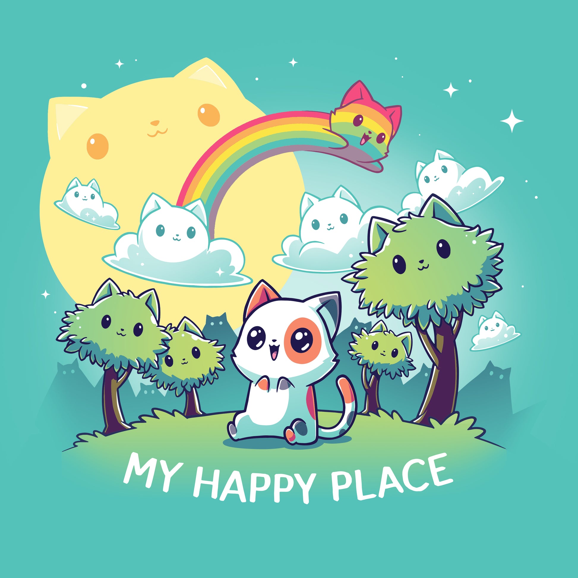 A TeeTurtle t-shirt featuring "My Happy Place (Cats)" with cats.