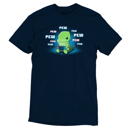 A navy blue Pew Pew Dinosaur gaming t-shirt with a green lizard on it by TeeTurtle.