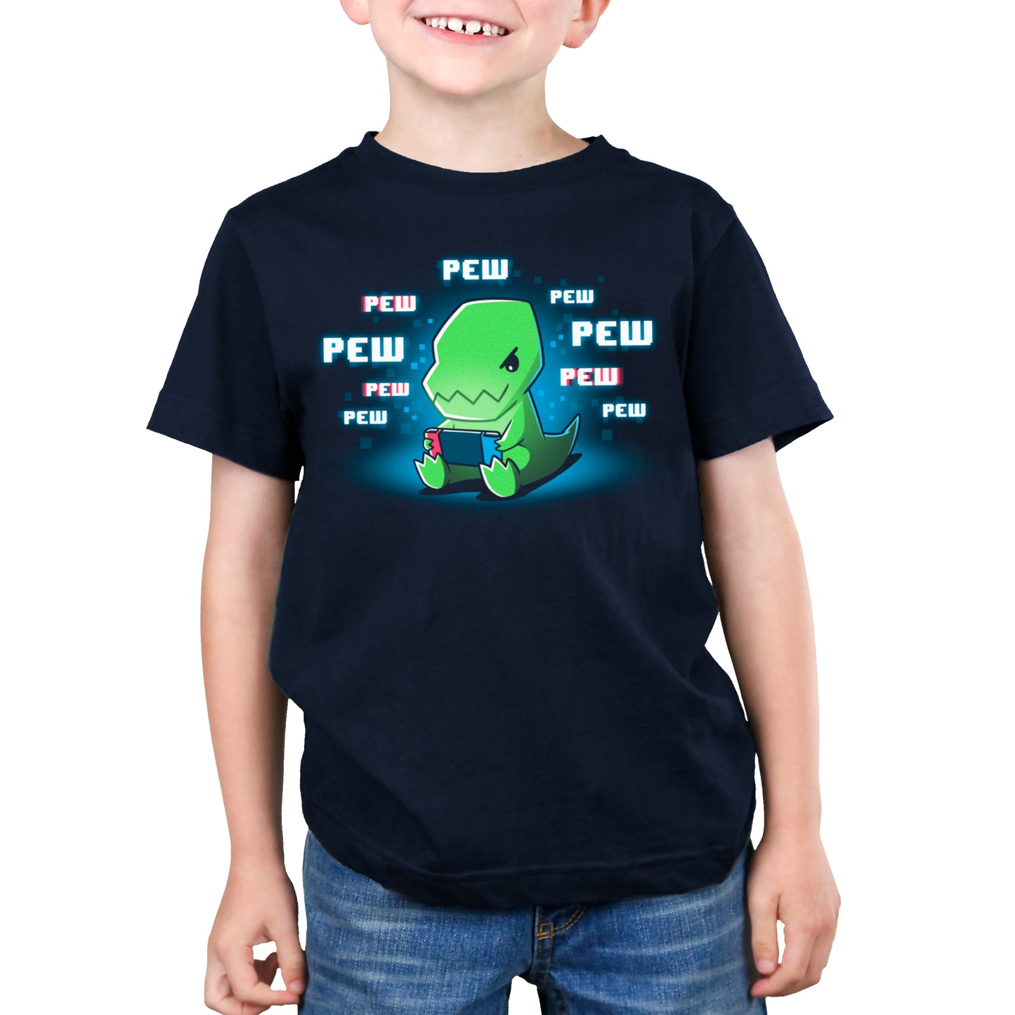 A young boy wearing a TeeTurtle Pew Pew Dinosaur t-shirt.