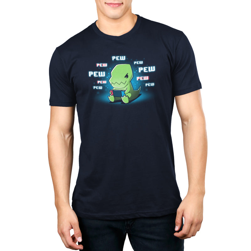 A man in a Pew Pew Dinosaur gamer t-shirt by TeeTurtle.