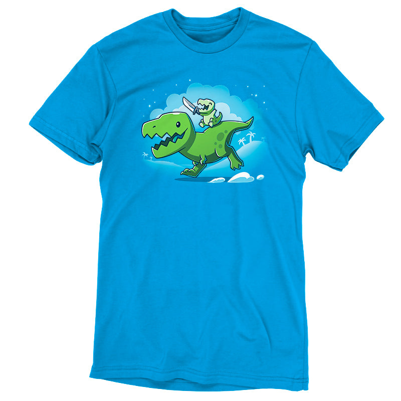 Premium Cotton T-shirt_Teeturtle Prehistoric Playtime Cobalt Blue Featuring a cartoon T-Rex giving a piggy-back ride to their child who's happily waving around a toy sword.