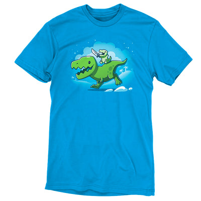 Premium Cotton T-shirt_Teeturtle cobalt blue Prehistoric Playtime apparel featuring a tiny t-rex holding a sword, riding on the back of a larger t-rex.