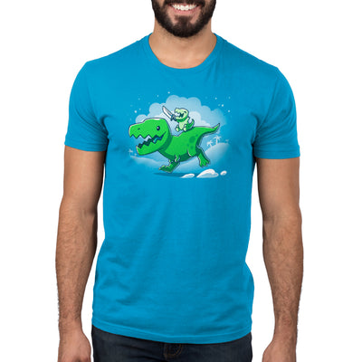 Premium Cotton T-shirt_Teeturtle cobalt blue Prehistoric Playtime apparel featuring a tiny t-rex holding a sword, riding on the back of a larger t-rex.