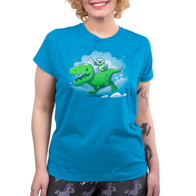 Premium Cotton T-shirt_Teeturtle cobalt blue Prehistoric Playtime apparel featuring a tiny t-rex holding a sword, riding on the back of a larger t-rex.