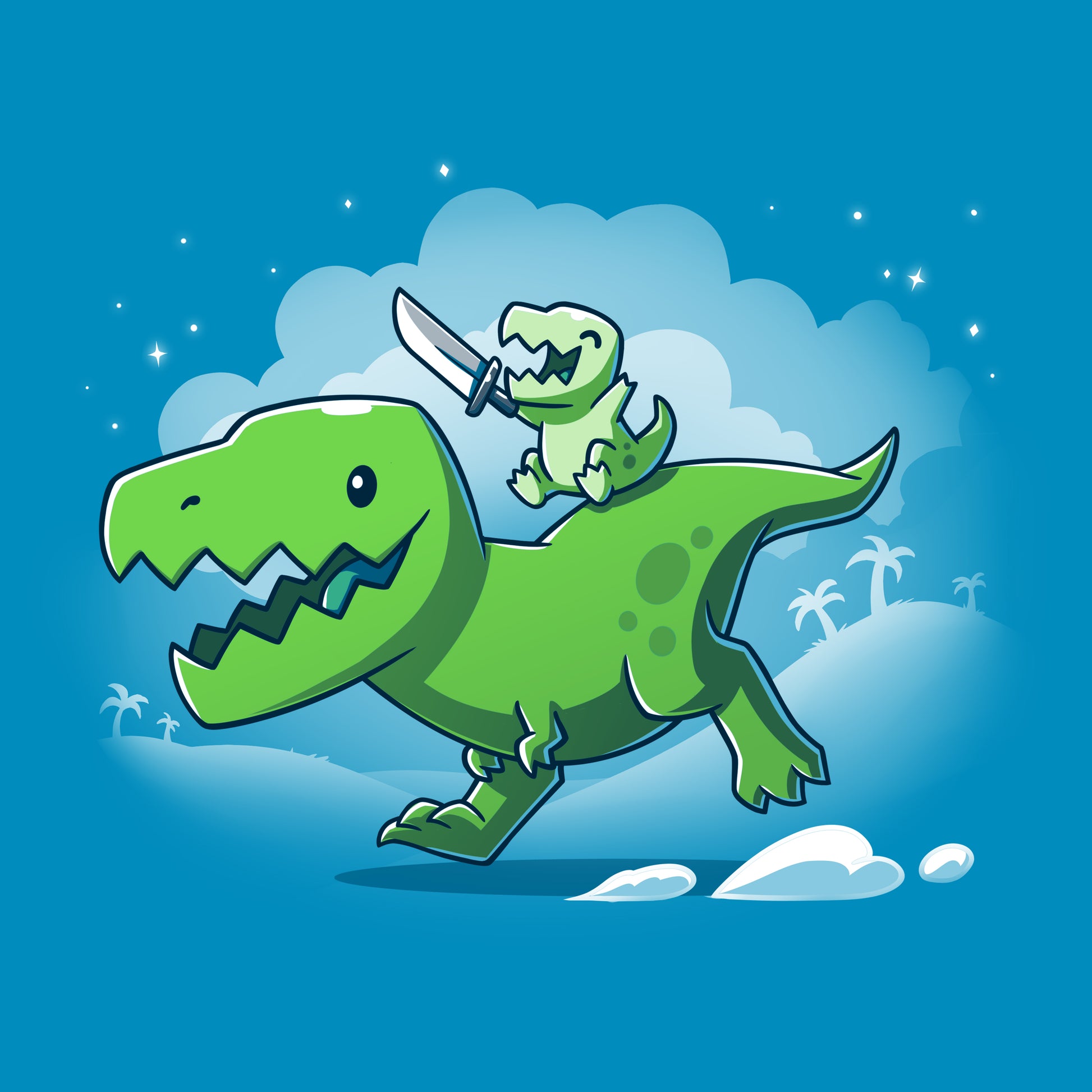 Premium Cotton T-shirt_Teeturtle Prehistoric Playtime Cobalt Blue Featuring a cartoon T-Rex giving a piggy-back ride to their child who's happily waving around a toy sword.